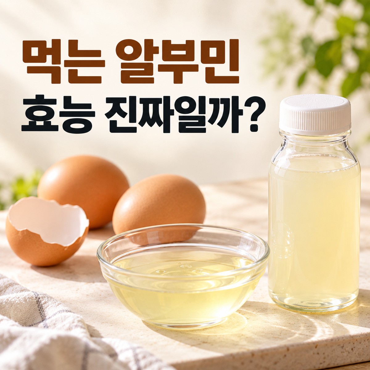 먹는 알부민 효능을 묻는 문구와 계란, 난백, 단백질 음료가 놓인 대표 이미지