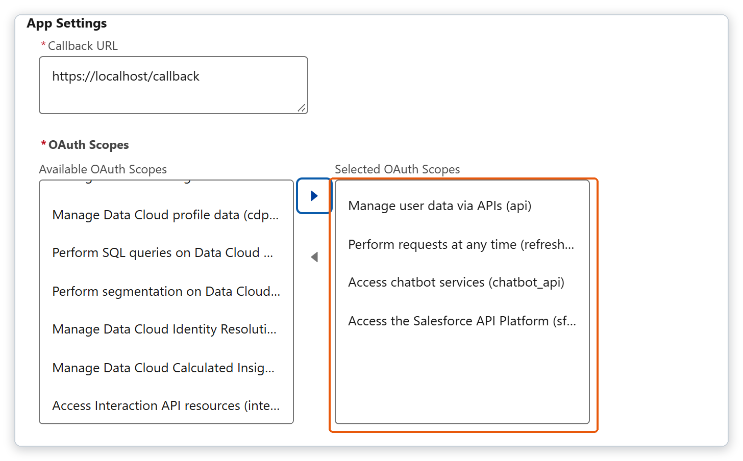 Selected OAuth Scopes 목록에 api와 chatbot_api를 비롯한 네 스코프가 들어 있다