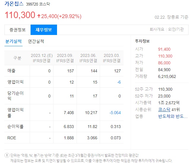가온칩스 재무정보