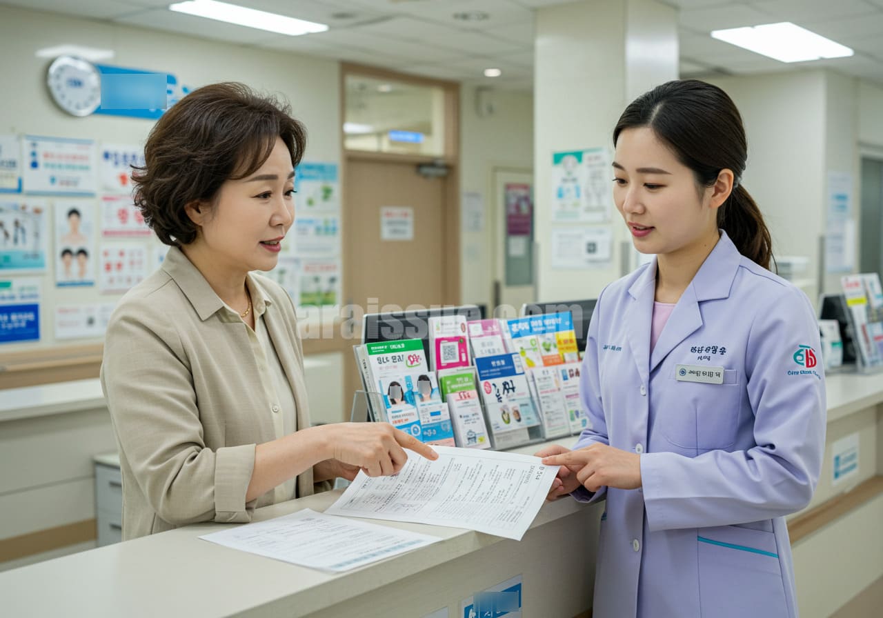 한국 중년 여성이 병원 접수 창구에서 본인부담금 영수증에 대해 문의하는 장면. 직원이 친절하게 대응하고 있으며, 병원 내부는 창구, 브로셔, 의료장비 등으로 가득 차 있는 현실적인 진료 환경.