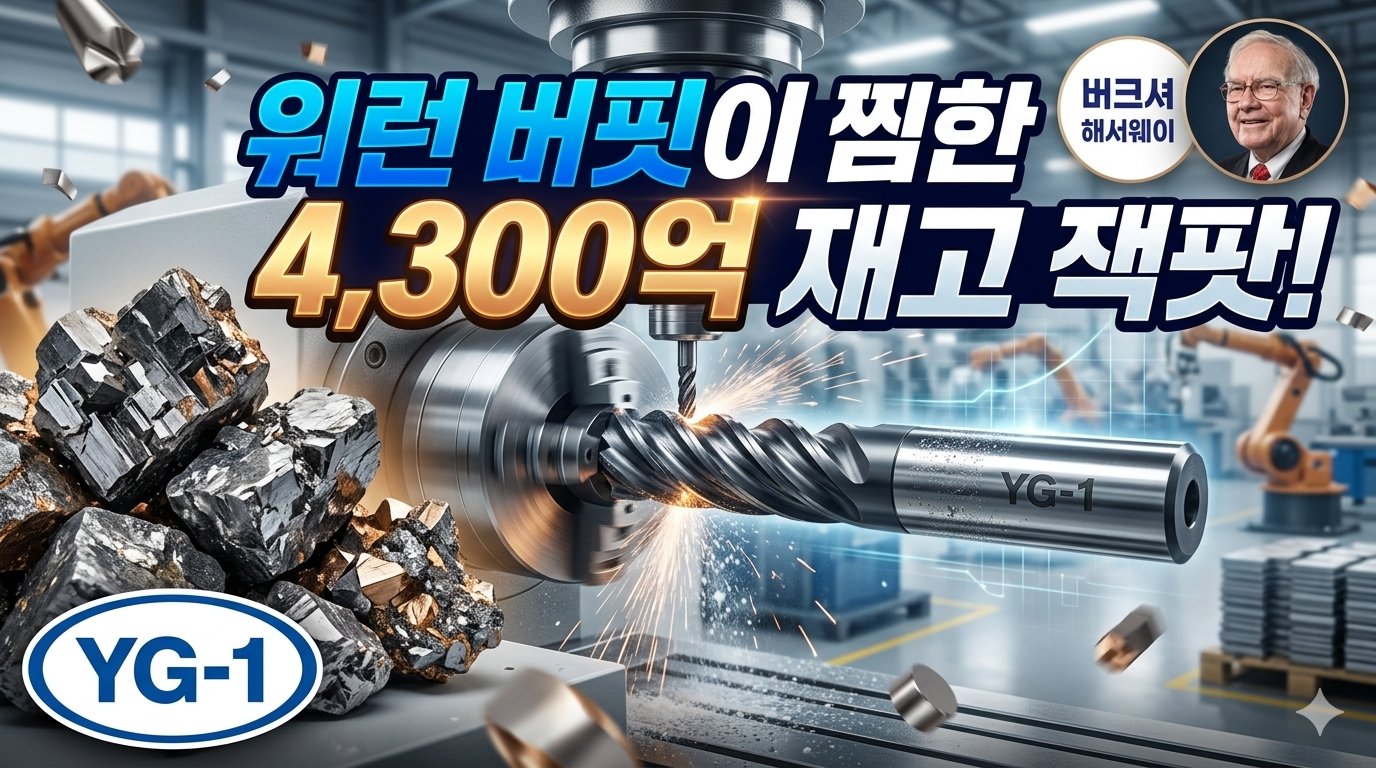"워런 버핏의 미소와 금빛 텅스텐 원석, 와이지-원 정밀 절삭공구 가공 모습이 합성된 화려한 블로그 썸네일. '워런 버핏이 찜한 4,300억 재고 잭팟' 문구가 강조된 디자인 (이미지: AI 생성)"