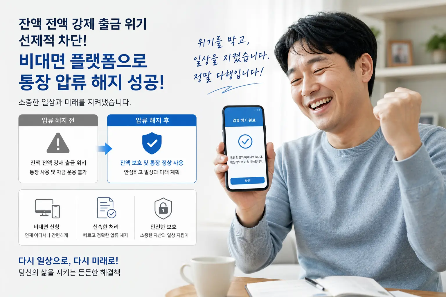 잔액 전액 강제 출금 위기를 선제적으로 차단하고 비대면 플랫폼으로 통장 압류 해지를 확보하여 안도하는 가장의 모습