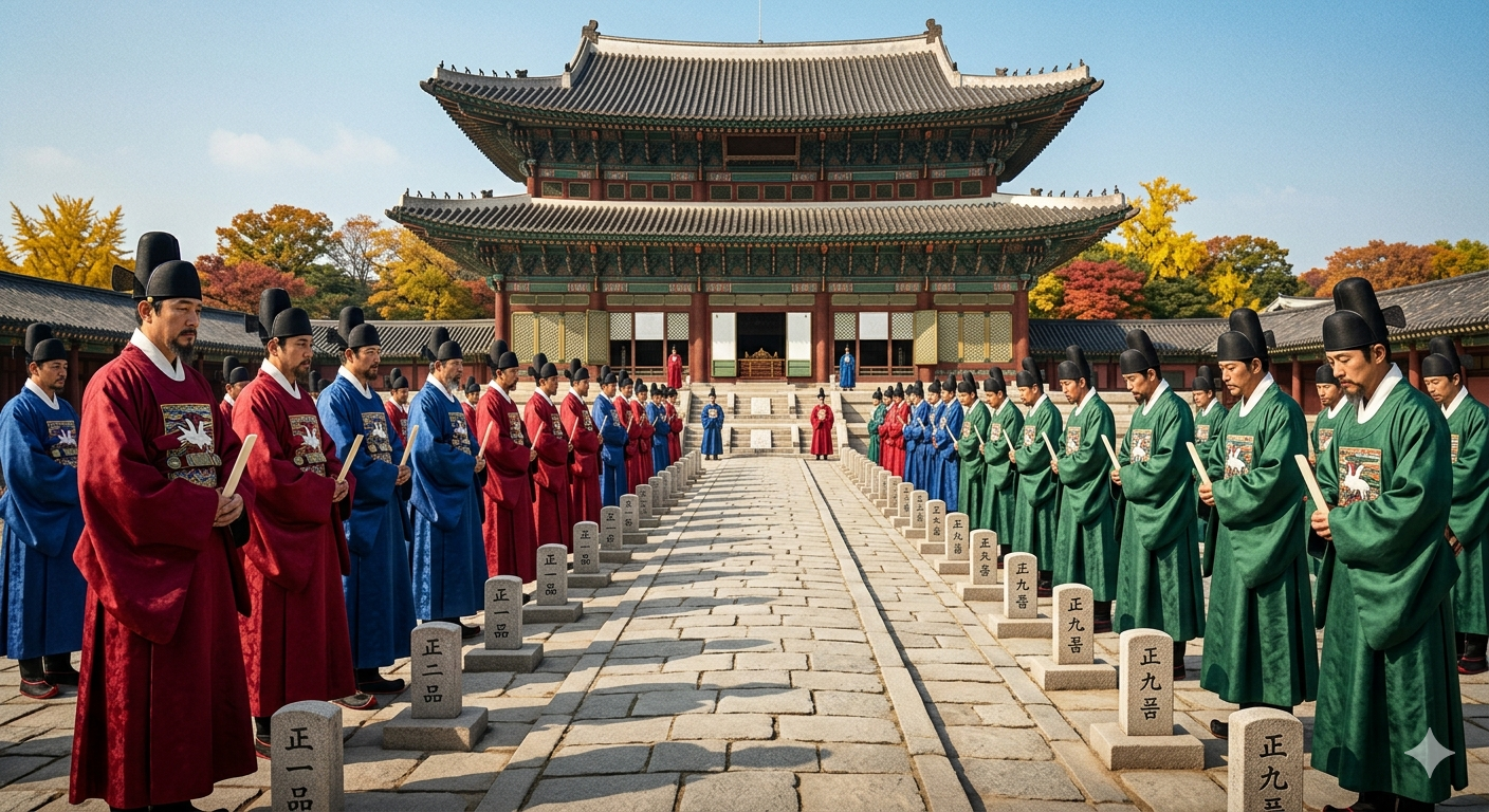 조선시대 경복궁 근정전 앞 품계석과 관복을 입은 관리들