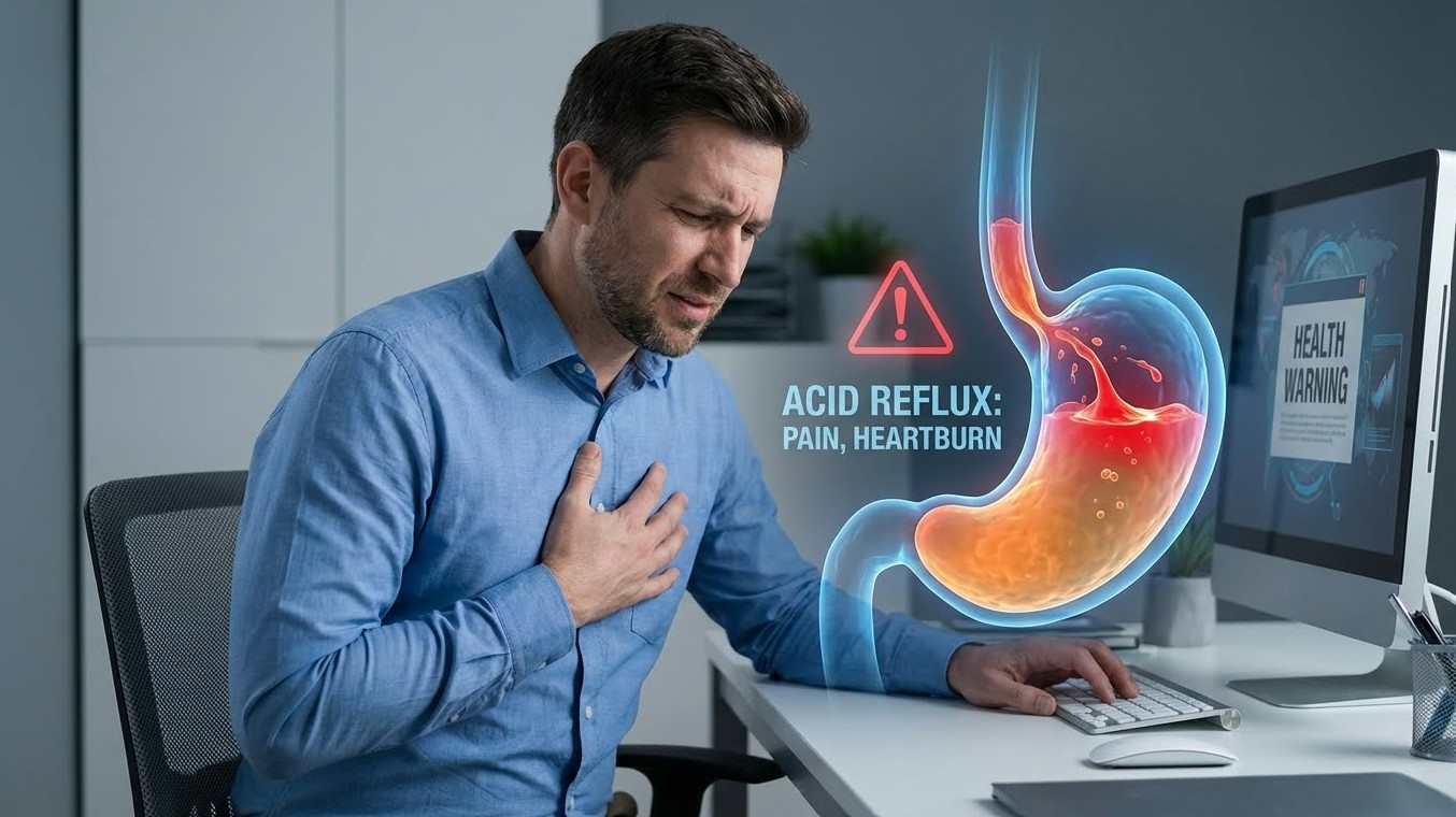 슴 부위를 움켜쥐고 고통스러운 표정을 짓는 직장인, 위산이 역류하는 모습