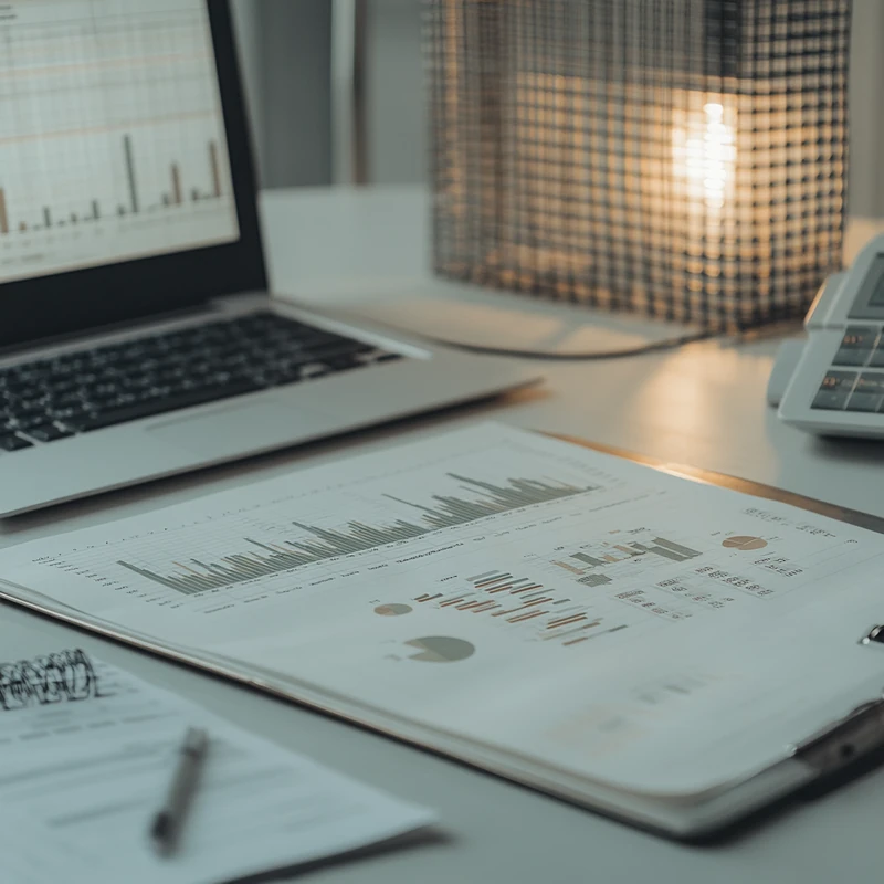 ETF 포트폴리오 다각화 차트가 현대적인 금융 사무실 내에 배치되어 있다. 은은한 조명이 있는 전략적 환경에서 자신감과 전략적 깊이를 더하며 실행력을 부여하고 있다.