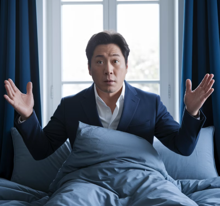 침대위에서 깜짝 놀라는 표정의 남자