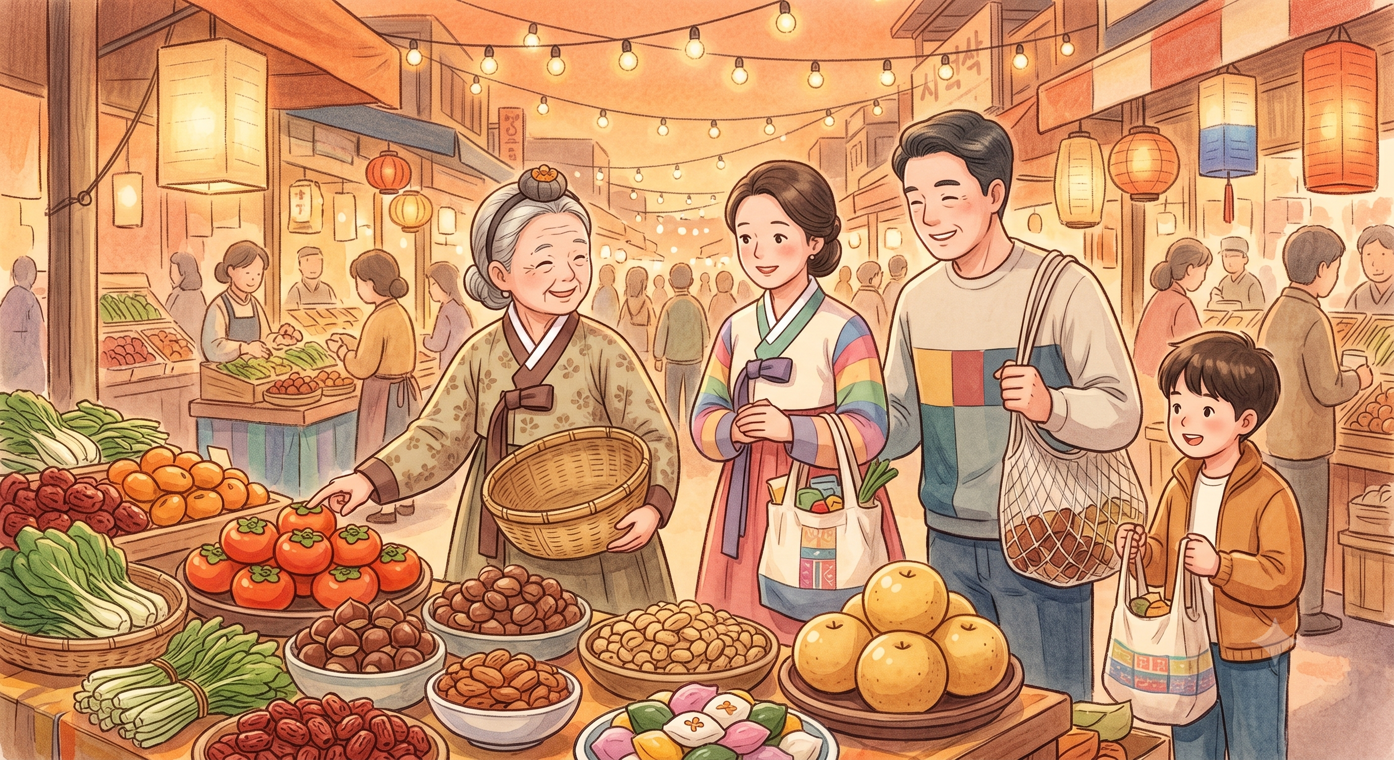 2026 추석 차례상 장보기 절약 팁을 보여주는 전통시장 일러스트