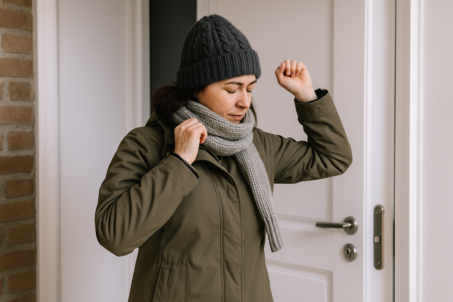 현관 앞에서 목도리와 비니를 착용하며 겨울 외출을 준비하는 40대 여성