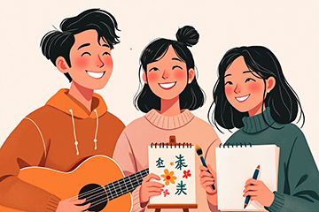 예술활동증명 제출을 마친 후 기타를 든 청년과 작품을 들고 있는 예술인들이 함께 웃고 있는 모습.