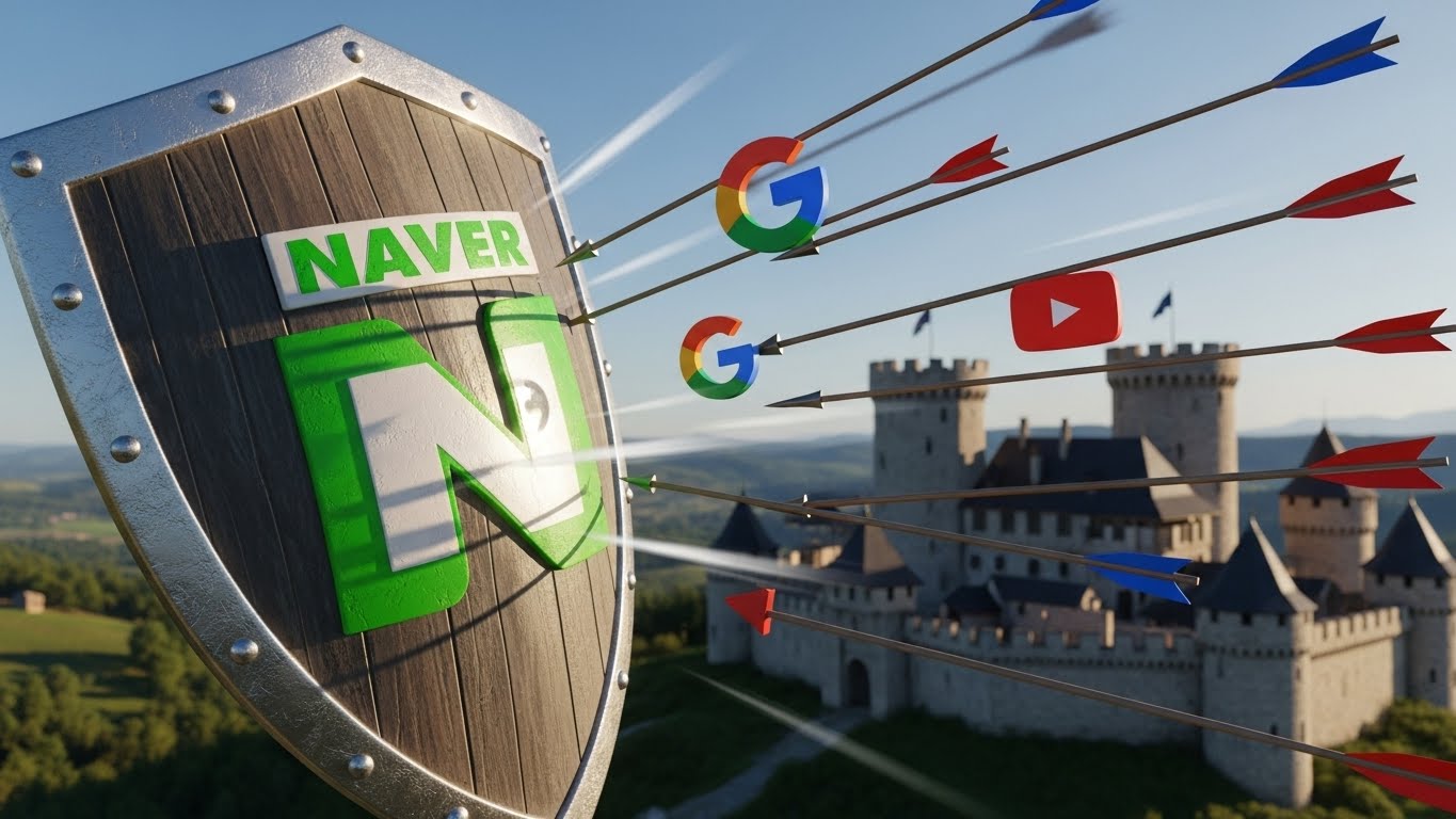 A 3D illustration of a giant shield with Naver's green 'N' logo deflecting arrows shaped like Google (G) and YouTube logos. A safe castle is visible behind the shield.
