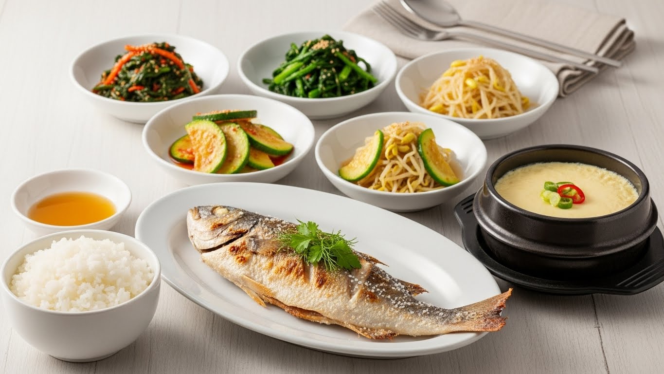 Traditional Korean non-spicy meal with grilled fish, steamed egg, rice, and assorted vegetable side dishes on a clean table