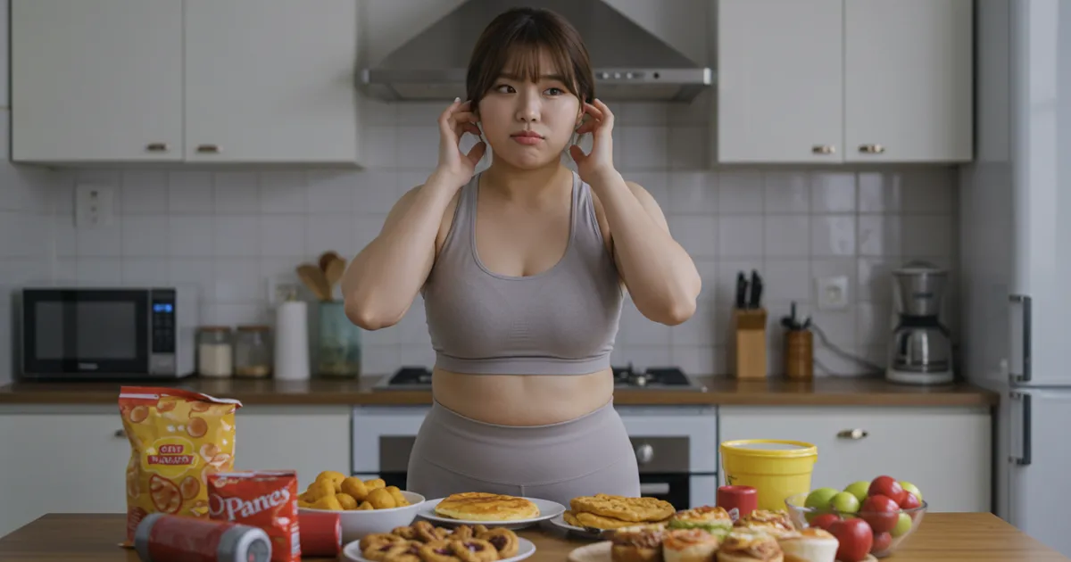 다이어트 중 많은 음식 앞에서 고민하고 있는 여성 이미지