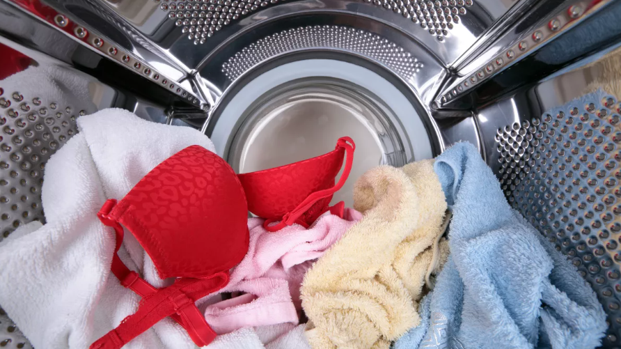 세탁기에 빨래를 넣은 빨간 브래지어
