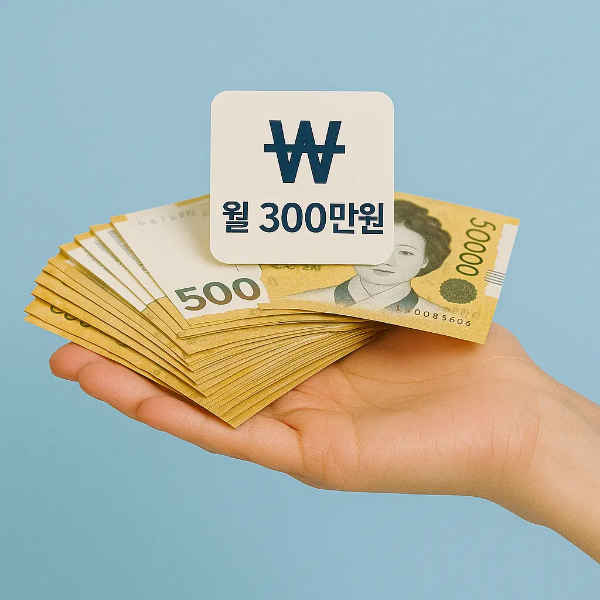 ₩ 월 300만원 카드와 5만원권 지폐 다발을 손에 올려둔 스튜디오컷 이미지