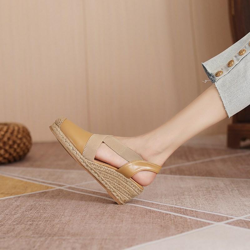 소가죽 캐주얼 크로스 통굽 웨지힐 스트랩샌들