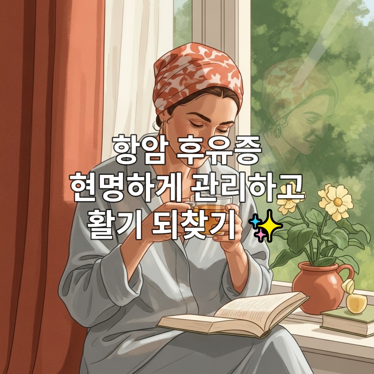 항암 치료 후 평화롭게 휴식하며 회복하는 여성이 미소 짓는 모습.