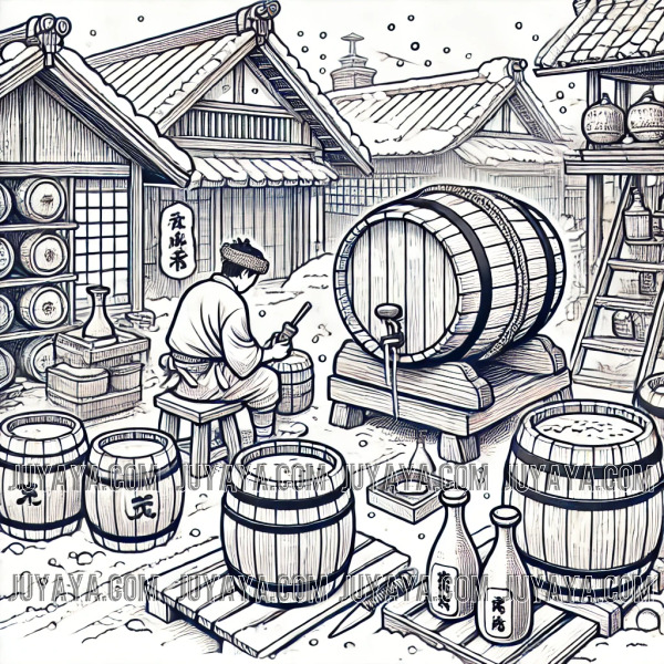 니가타 지역의 전통 사케 양조 장면, 목재 통과 양조 도구, 눈 내린 풍경 속의 양조 장인