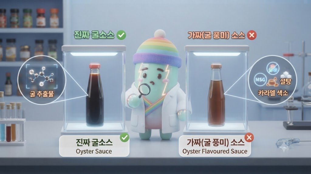 왼쪽 '진짜 굴소스' 병에는 굴 추출물이 듬뿍 들어간 캐러멜색의 걸쭉한 소스가 담겨 있고, 성분표에는 굴 함량이 두 자릿수입니다. 오른쪽 '굴 맛 소스' 병에는 묽고 투명한 소스가 담겨 있고, 굴 함량은 1% 미만이며 MSG와 카라멜 색소가 강조되어 있습니다. 쫀쿠가 돋보기를 들고 이 차이를 꼼꼼히 살피고 있습니다.