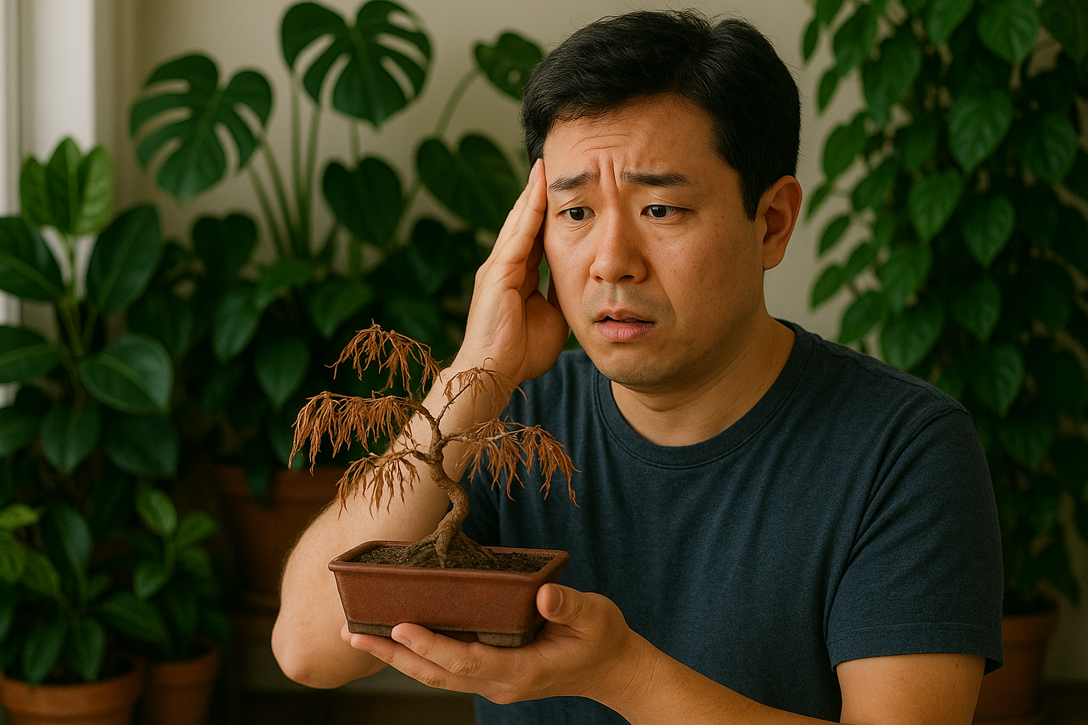 시든 분재를 들고 있는 남성