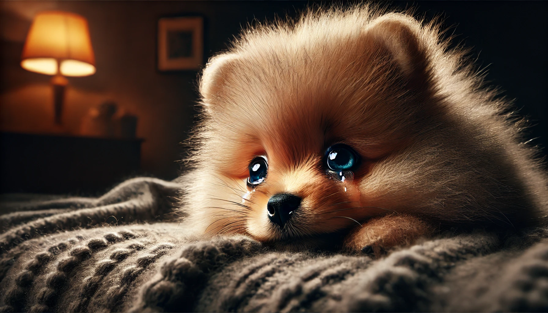 밤이 무서워 눈물을 흘리고 있는 강아지