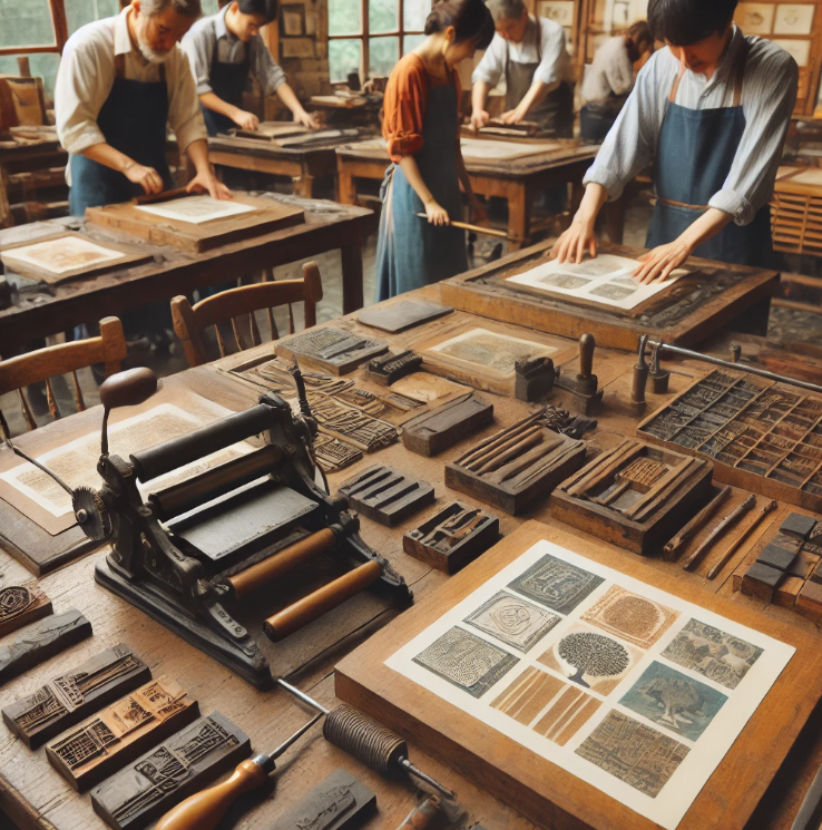 전통 인쇄 도구로 목판화를 찍는 사람들