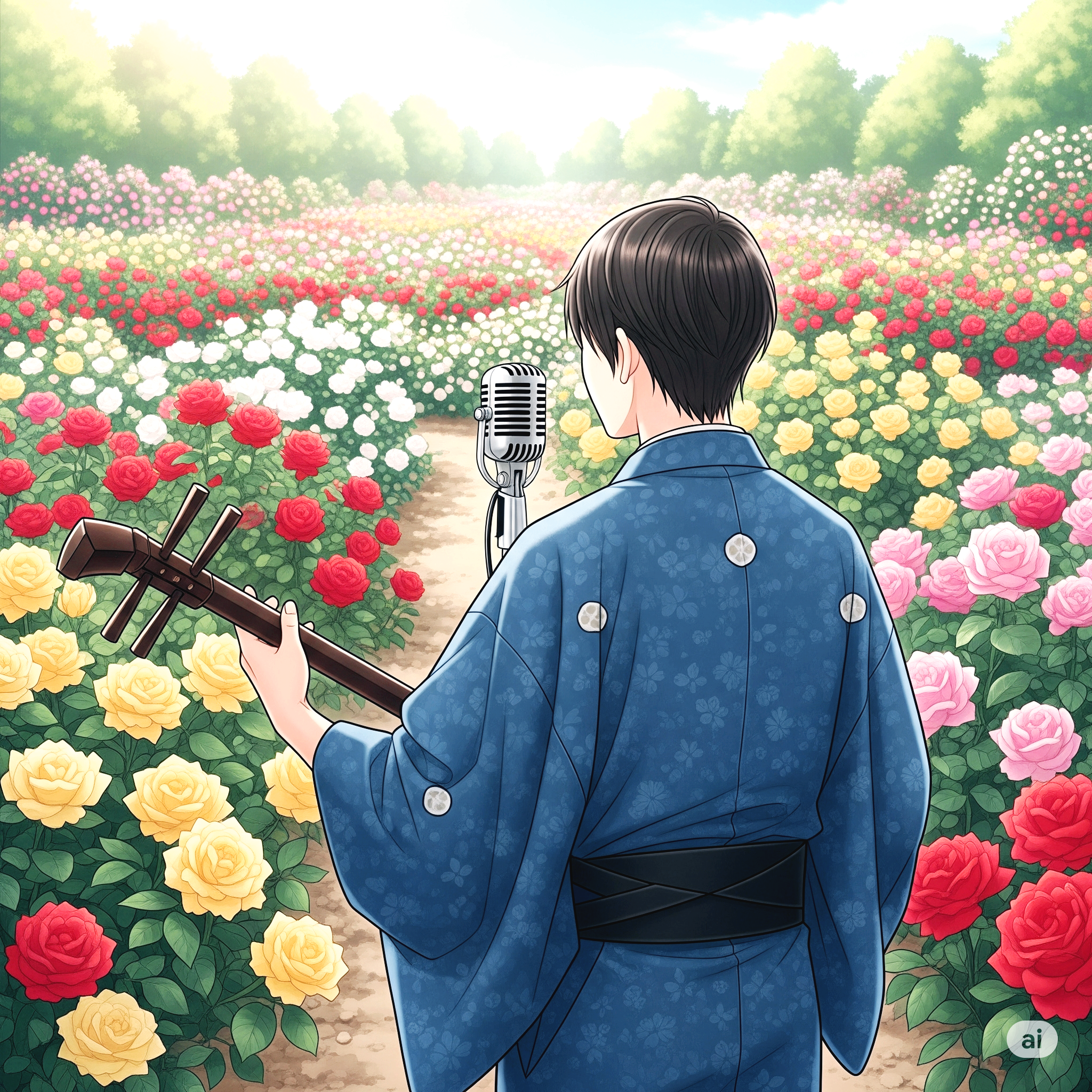 장미 정원을 바라보며 샤미센을 켜는 남자