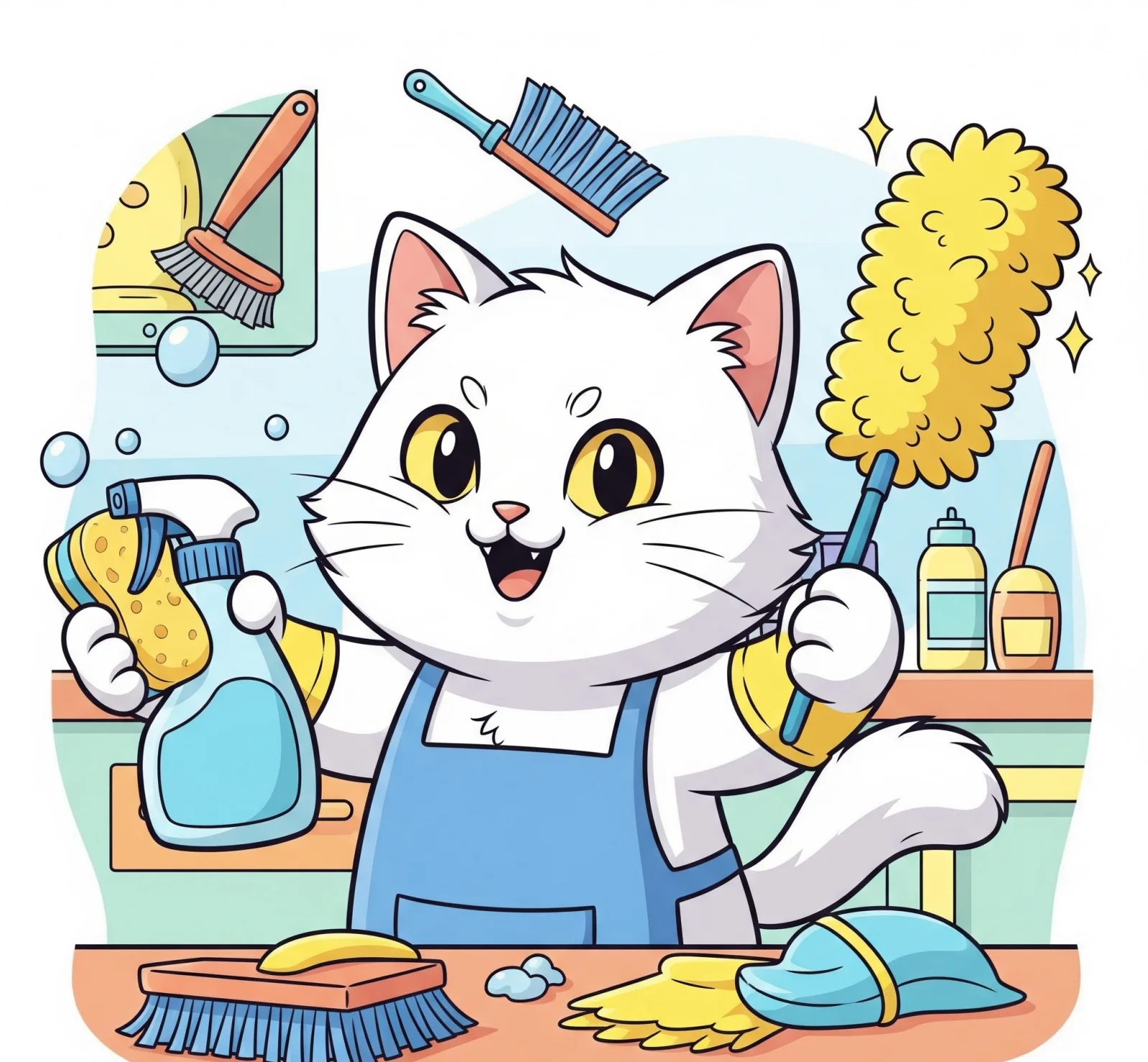 청소 준비하는 고양이 그림. Illustration of a cat preparing to clean.