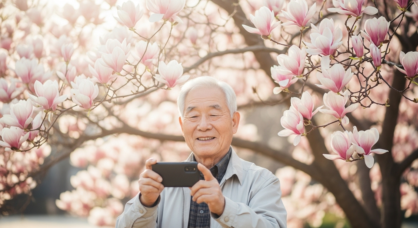 활짝 핀 목련 꽃과 그 앞에 선 시니어