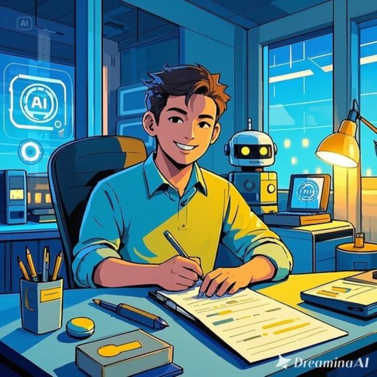 청년 창업자가 사무실에서 사업계획서를 작성하며 미소 짓는 장면. 배경에 혁신 기술 아이콘(AI, 로봇 등). 파란색과 노란색 톤으로 희망과 성장 강조