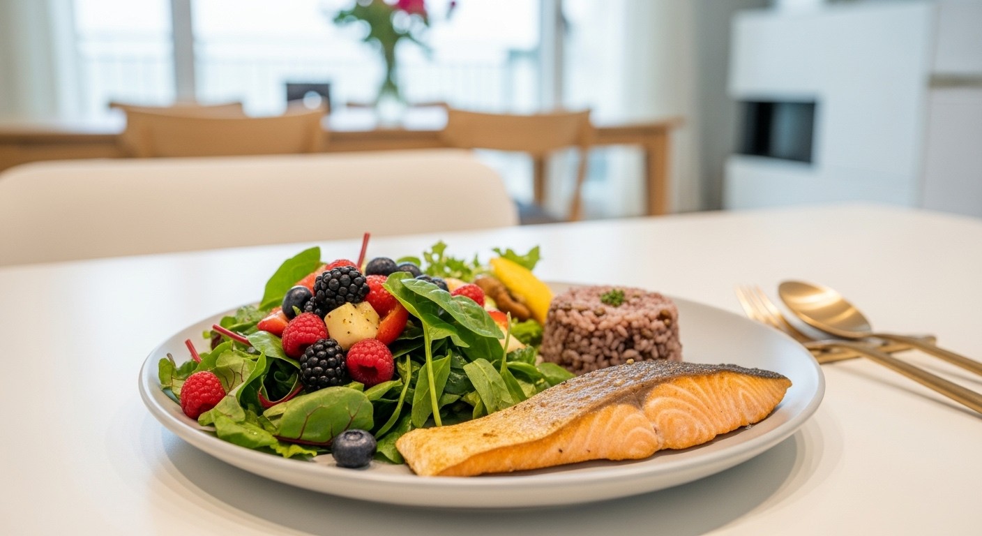 연어, 채소 샐러드, 현미밥으로 구성된 건강하고 균형 잡힌 식단 한 접시
