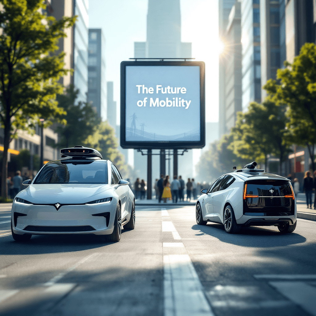 도로에 전기차와 자율주행차가 있고, 전광판에 The Future of Mobility 써 있음