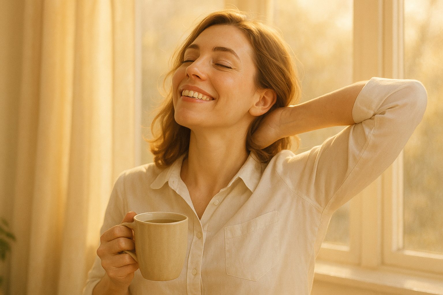 창가에서 햇살을 받으며 차 한잔을 들고 상쾌한 표정을 짓는 여성 일러스트