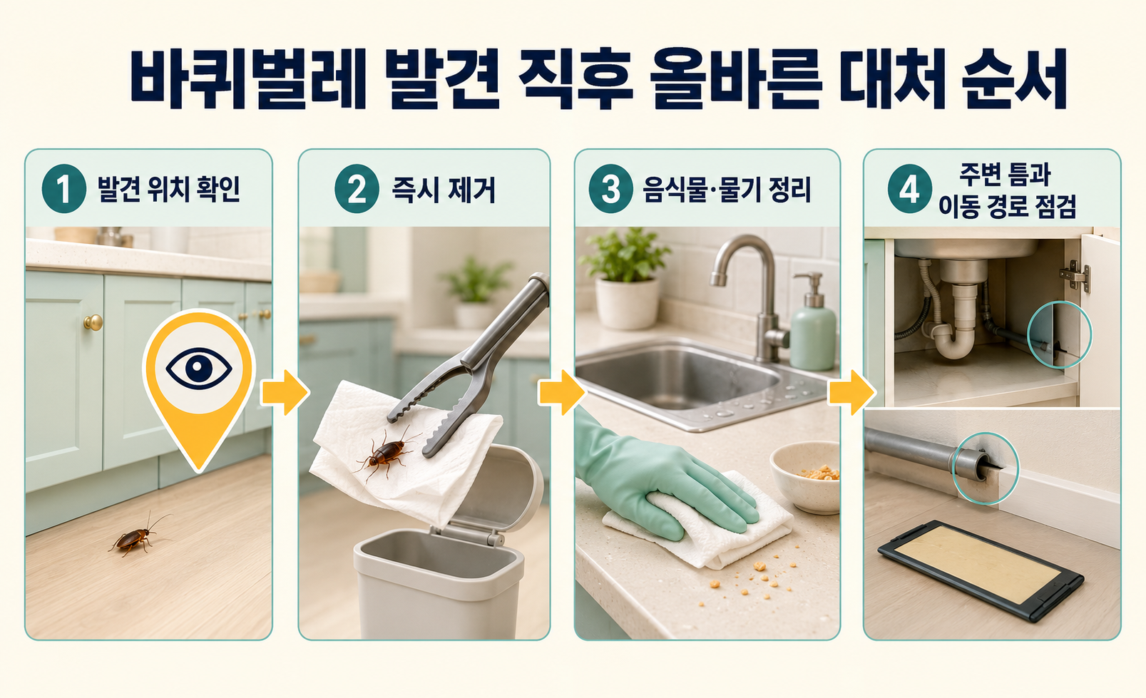 바퀴벌레 발견 후 올바른 대처 순서와 제거 방법을 단계별로 설명하는 이미지