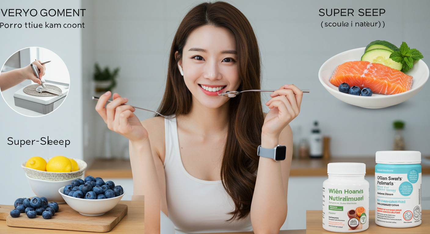스마트워치로 운동과 수면을 모니터링하는 사람, 블루베리와 연어 등 슈퍼푸드가 담긴 식사, 천연 원료로 구성된 맞춤형 영양제를 복용하는 장면