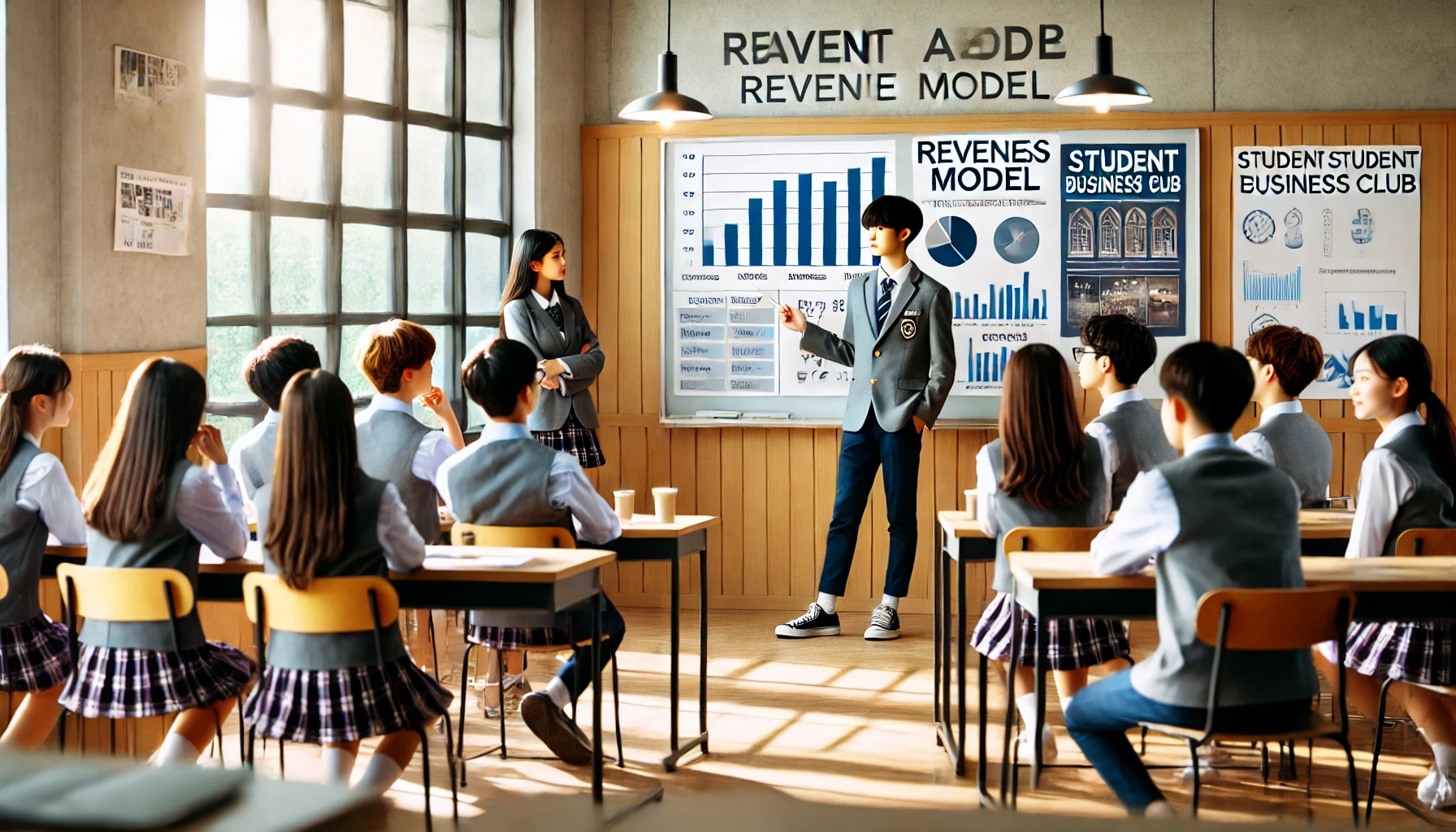 학생들이 수익 모델을 발표하는 경영 동아리 활동의 한 장면