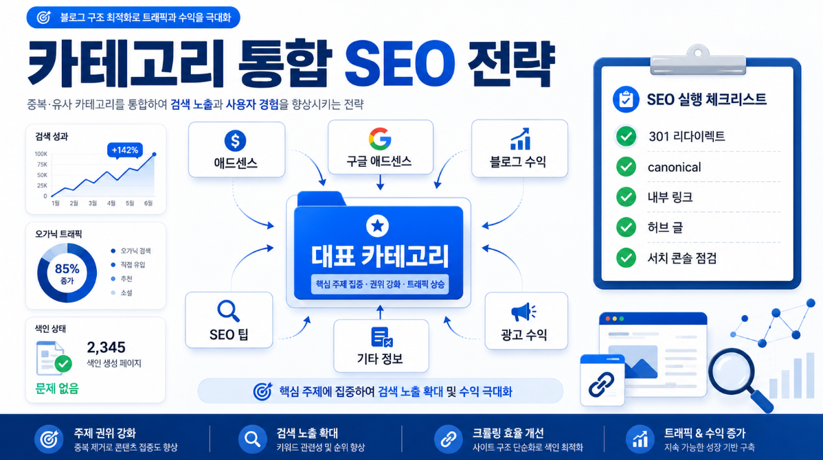 중복 카테고리를 대표 카테고리로 통합하고 내부 링크와 SEO 점검을 연결한 전략 이미지