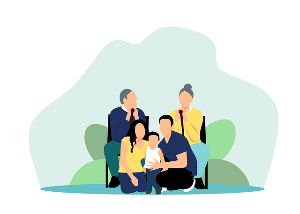 조부모와 부부와 아기가 앉아서 포즈를 취하고 있다