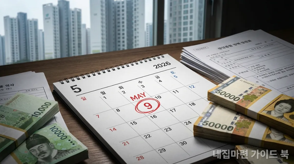 2026년 5월 9일, 다주택자 양도세 유예 종료를 알리는 달력과 서류
