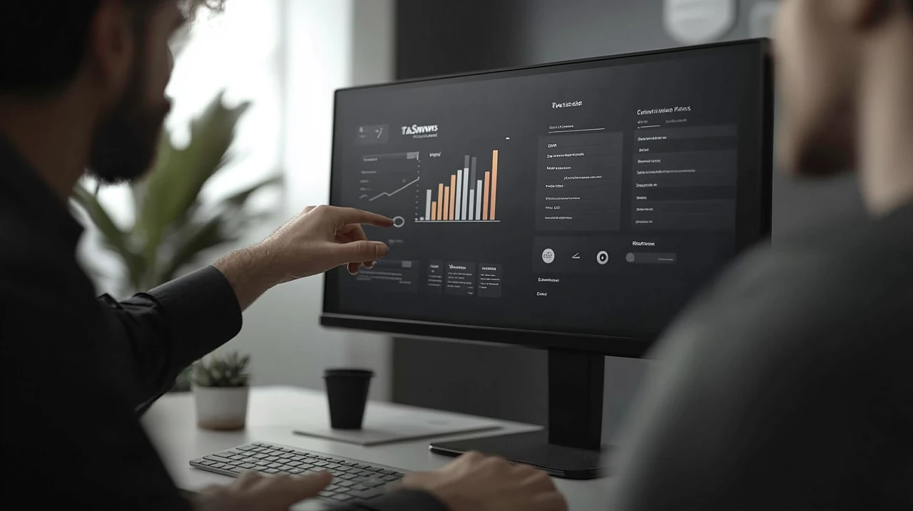 재정 상담사가 세련된 사무실에서 젊은 전문가에게 절세 전략을 설명하며 신뢰를 바탕으로 혁신적인 방법을 제시하는 모습.