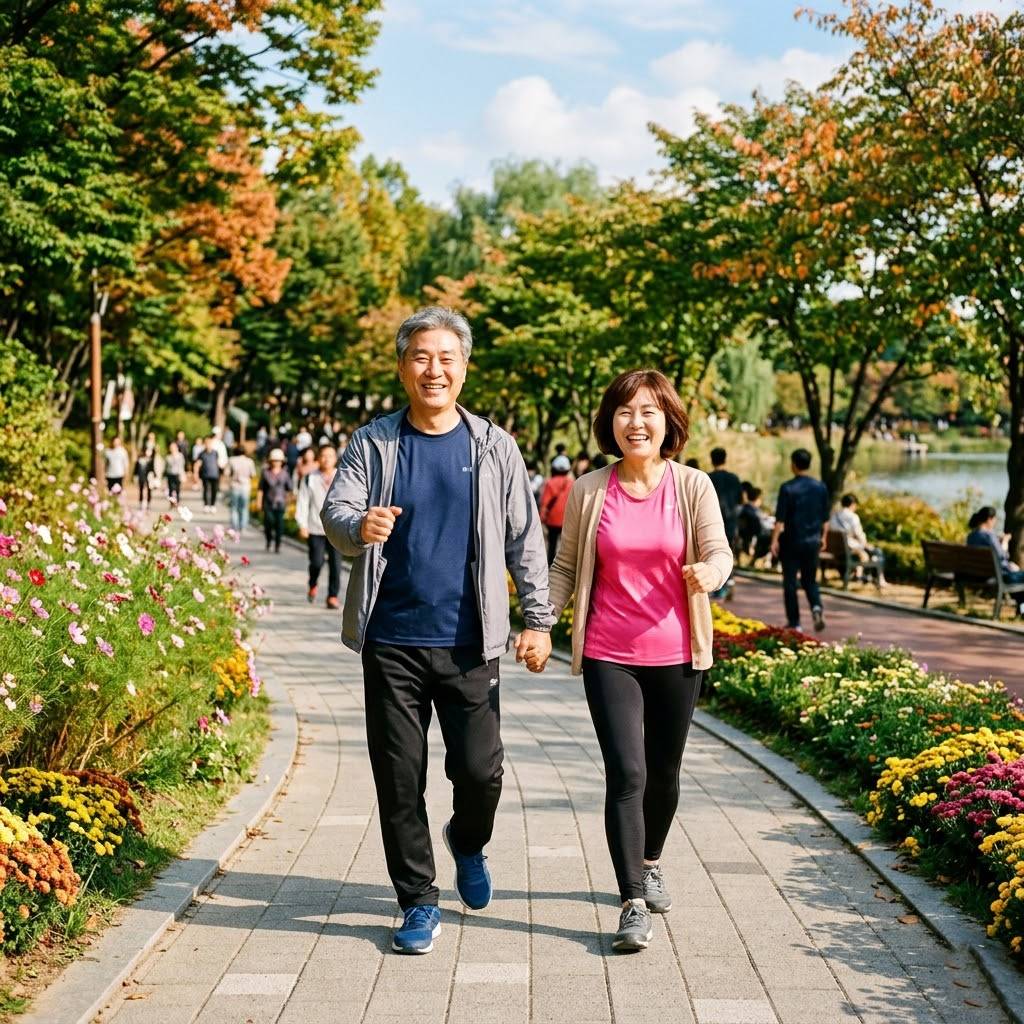 공원에서 활기차게 걷고 있는 중년의 한국인 부부