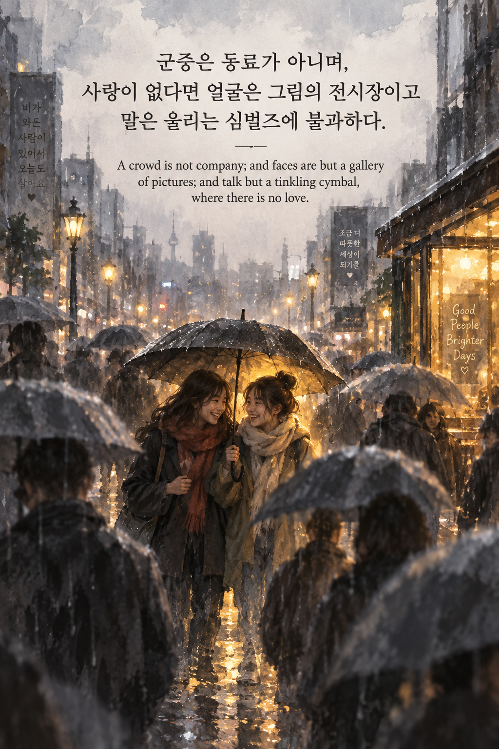프랜시스 베이컨 명언 21 — 군중은 동료가 아니며, 사랑이 없다면 얼굴은 그림의 전시장이고 말은 울리는 심벌즈에 불과하다.