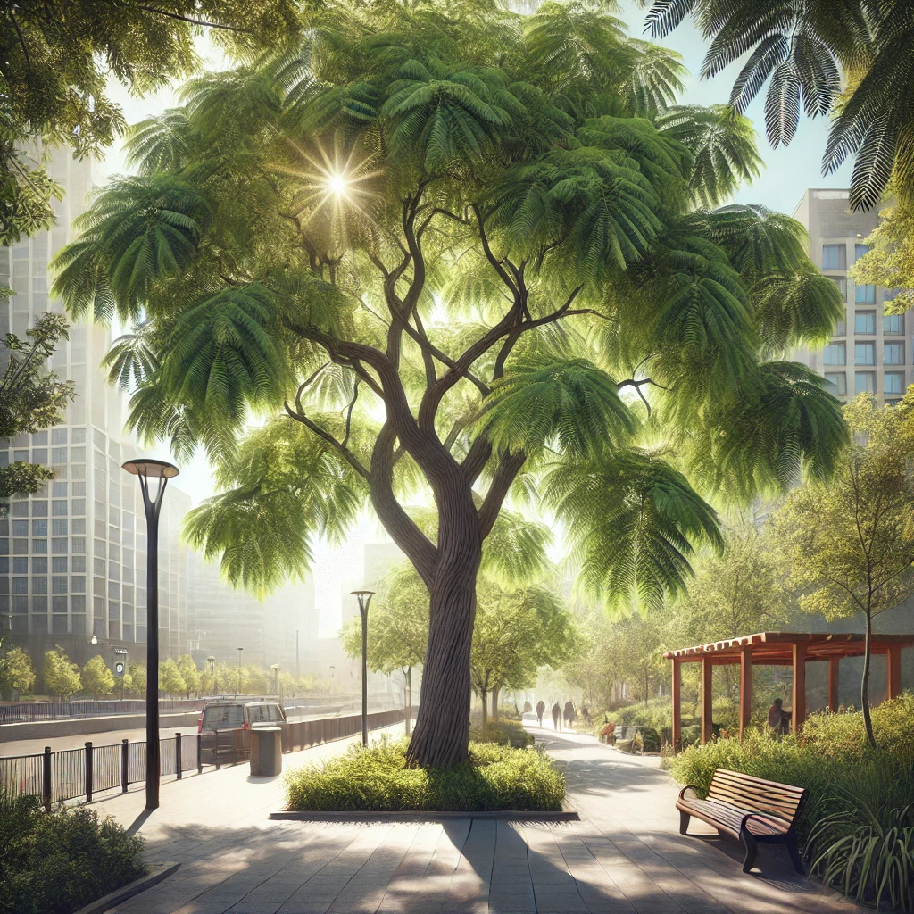 도시 공원에 자리한 참죽나무(Ailanthus altissima)의 생생한 모습이 담긴 그림입니다. 나무는 길고 깃털 모양의 초록색 잎을 가지고 있으며, 강하고 키가 큰 회갈색 줄기가 인상적입니다. 나무 주변에는 벤치와 산책로가 있고, 멀리 건물들이 보입니다. 햇빛이 나뭇가지를 통해 비치며 부드러운 그림자를 드리우고 있어, 도시 속에서 자연의 평온함과 신선함을 느낄 수 있는 장면을 연출하고 있습니다.
