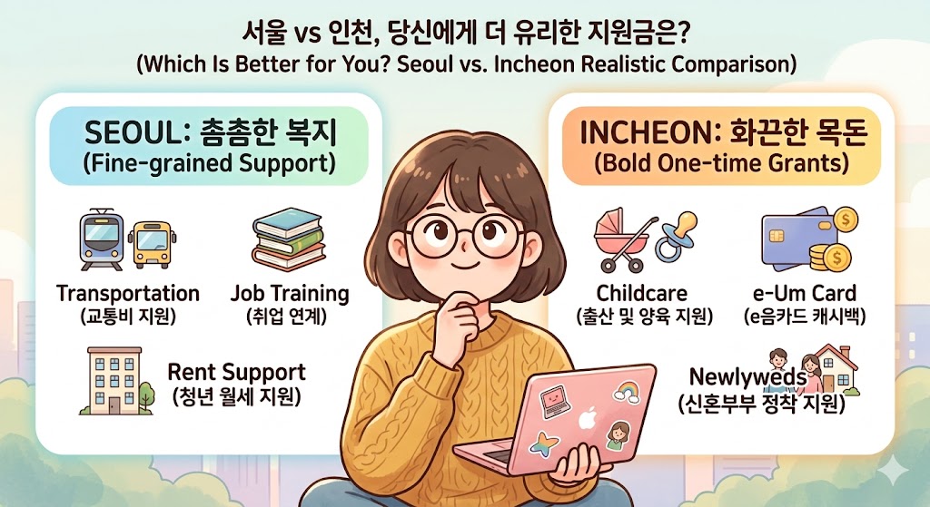 캐릭터 블로거가 고민하며 서울의 촘촘한 복지와 인천의 화끈한 목돈 지원 혜택을 비교하는 친근한 일러스트