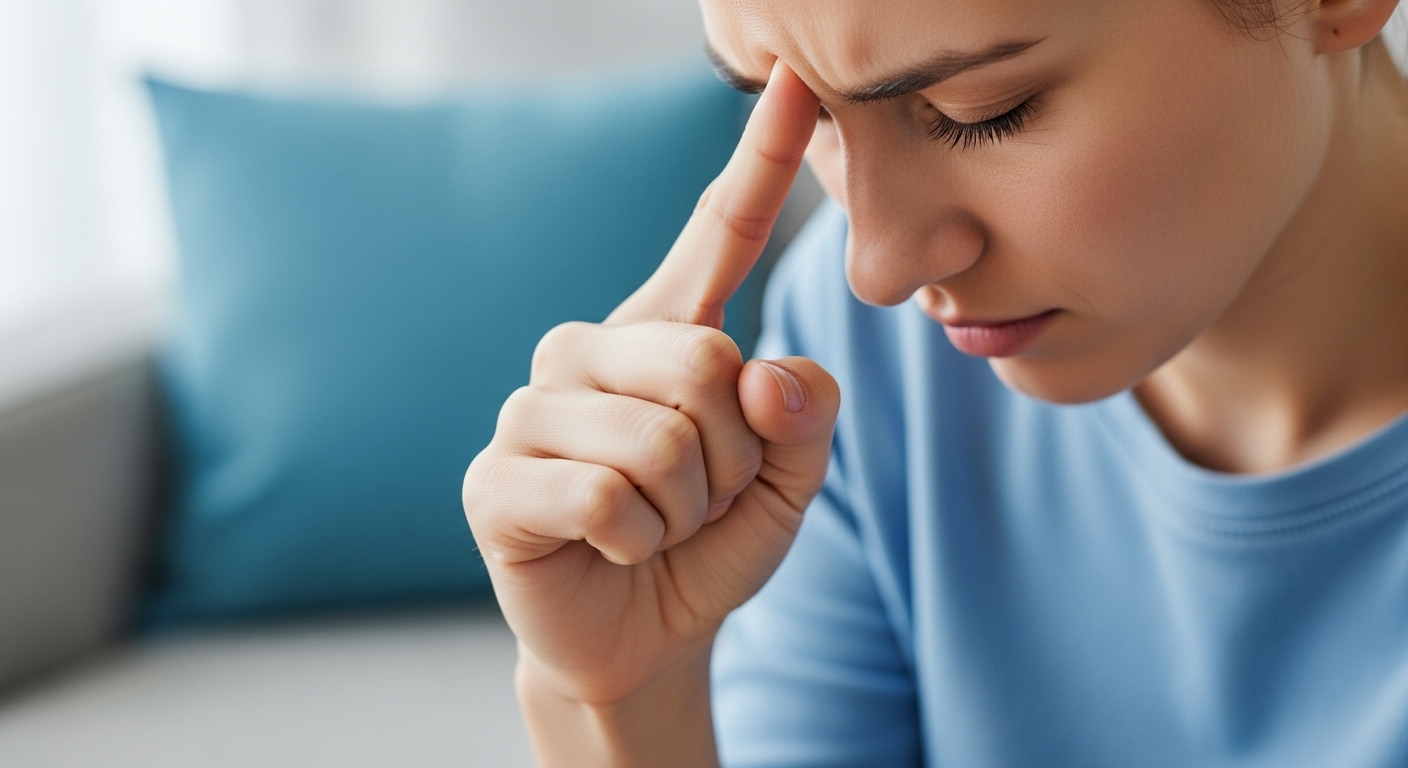 두통 완화를 위해 합곡혈을 지압하는 사람의 손 클로즈업. 파란색과 회색 톤으로 차분한 분위기를 연출합니다.