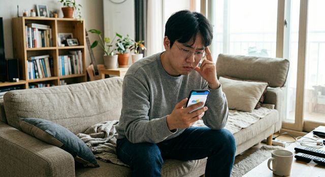 무직자가 스마트폰으로 신용대출 가능 여부를 확인하며 고민하는 상황