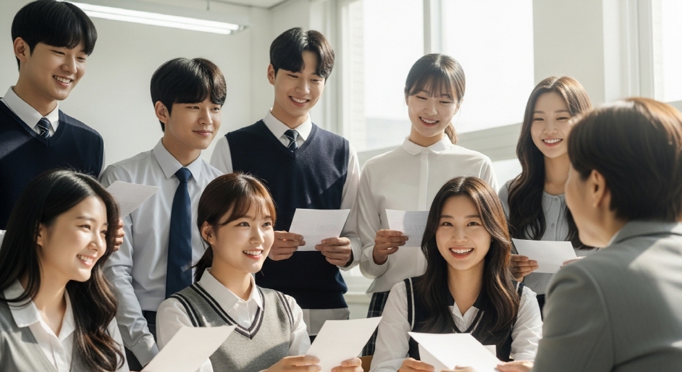 학생들이 감사 편지 주는 모습