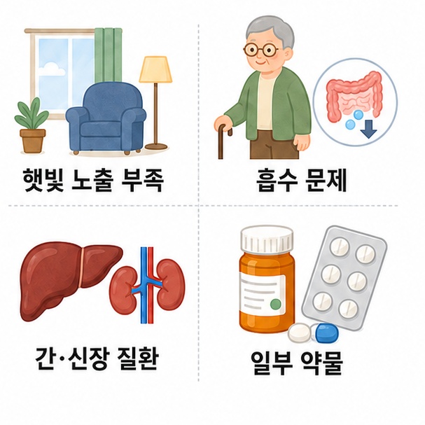 햇빛 노출 부족, 흡수 문제, 간&middot;신장 질환, 일부 약물 등 비타민 D 부족 위험 조건을 보여주는 그림