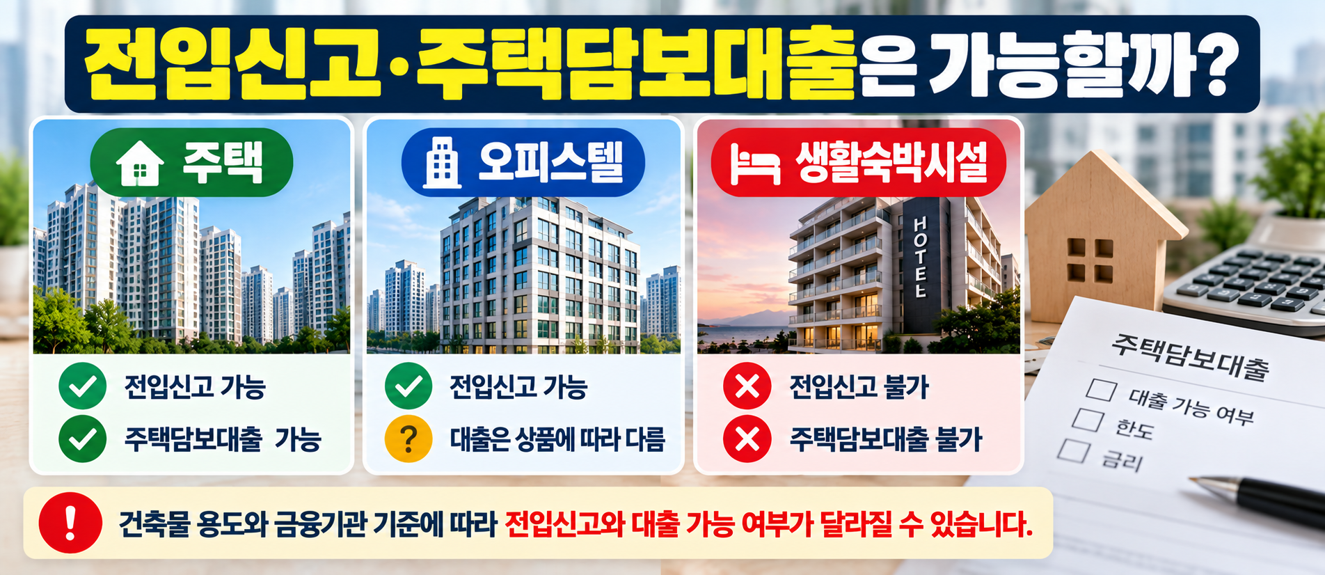 주택 오피스텔 생활숙박시설 전입신고와 주택담보대출 가능 여부 비교 이미지