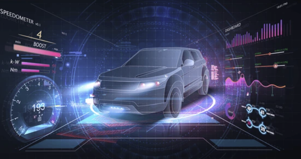 미래형 자동차 혹은 전기차를 디지털 인터페이스와 함께 시각화한 콘셉트 이미지
