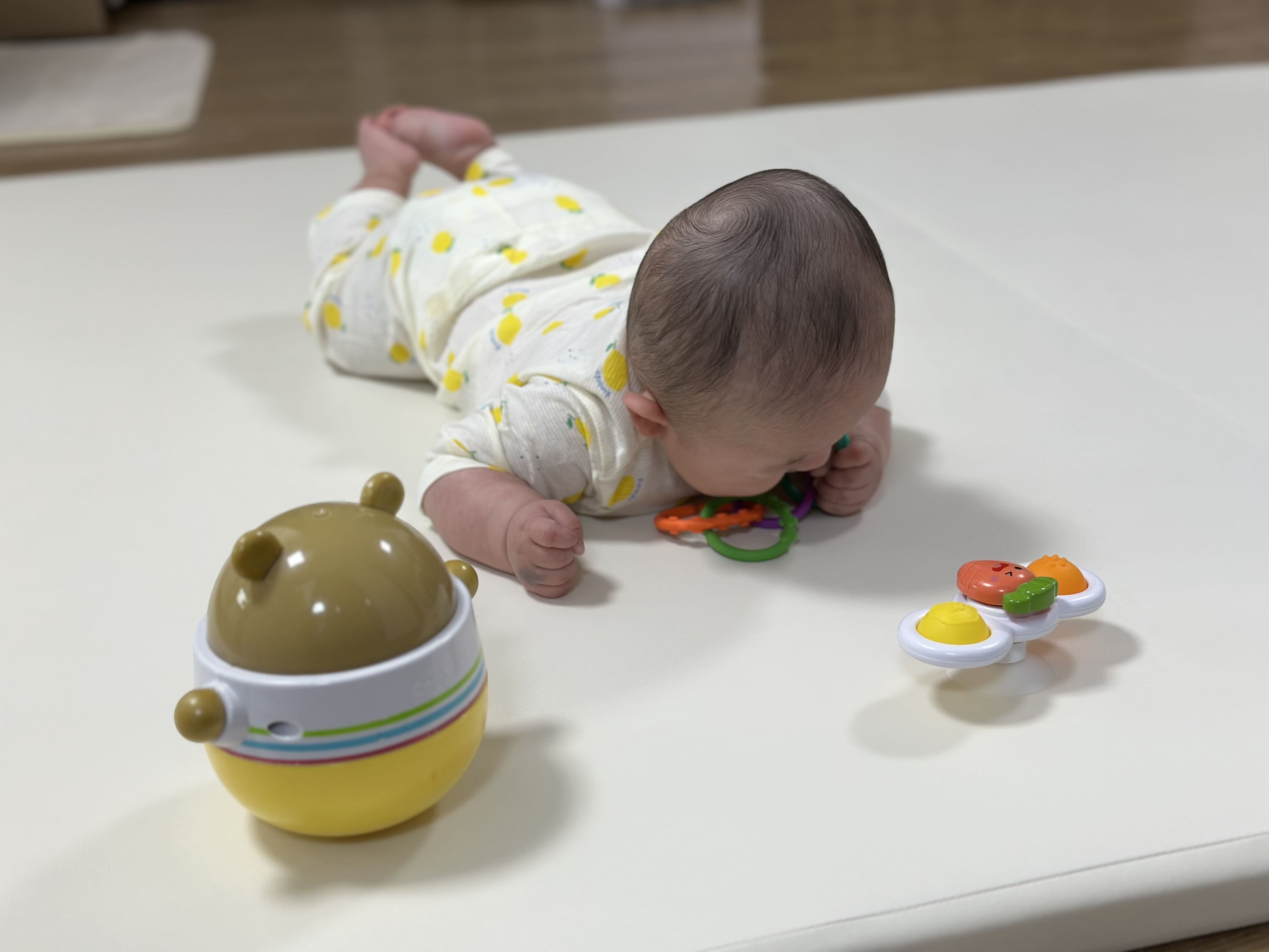 장난감으로 터미타임 유도하는 모습